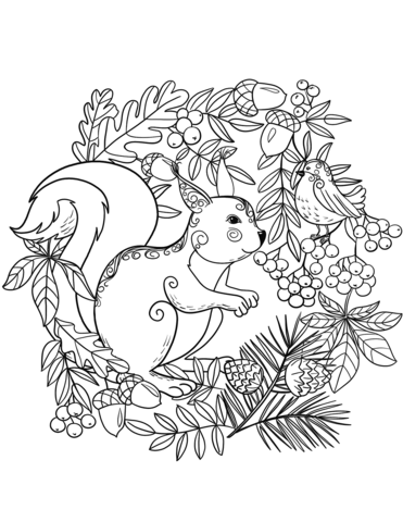 Squirrel And A Bird Coloring Page